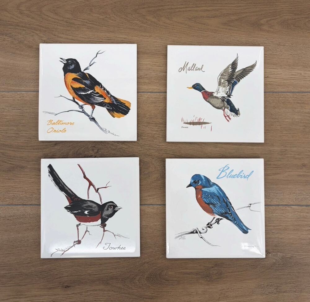 4 Vintage Screencraft Hand Painted Bird Tiles Cork Back Cape Cod New England